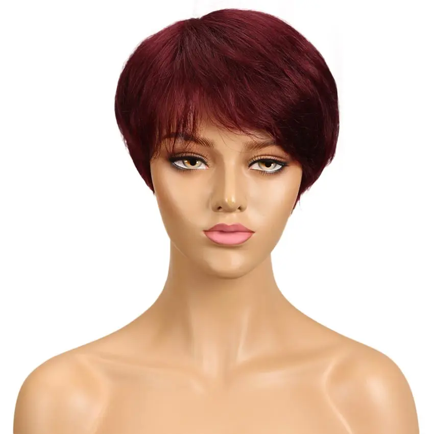 Short Red Wig Colored Human Hair Wigs Short Pixie Cut Wig Human Hair 99j Dark Red Human Hair Wigs with Bangs Full Machine Wigs
