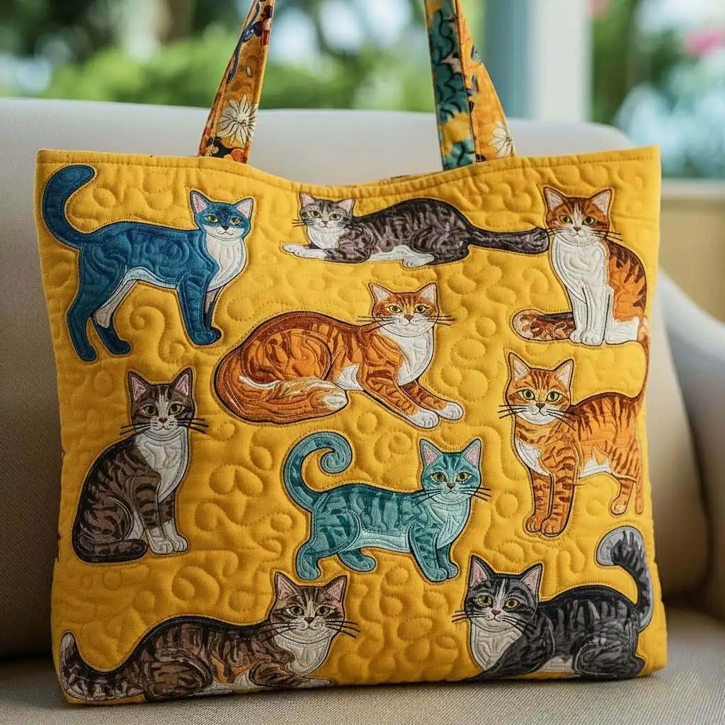 

Cute Cat Print Quilted Tote Bag Casual Shoulder Handbag Lightweight Durable Daily Commute Shopping Bag with Lovely Animal Design