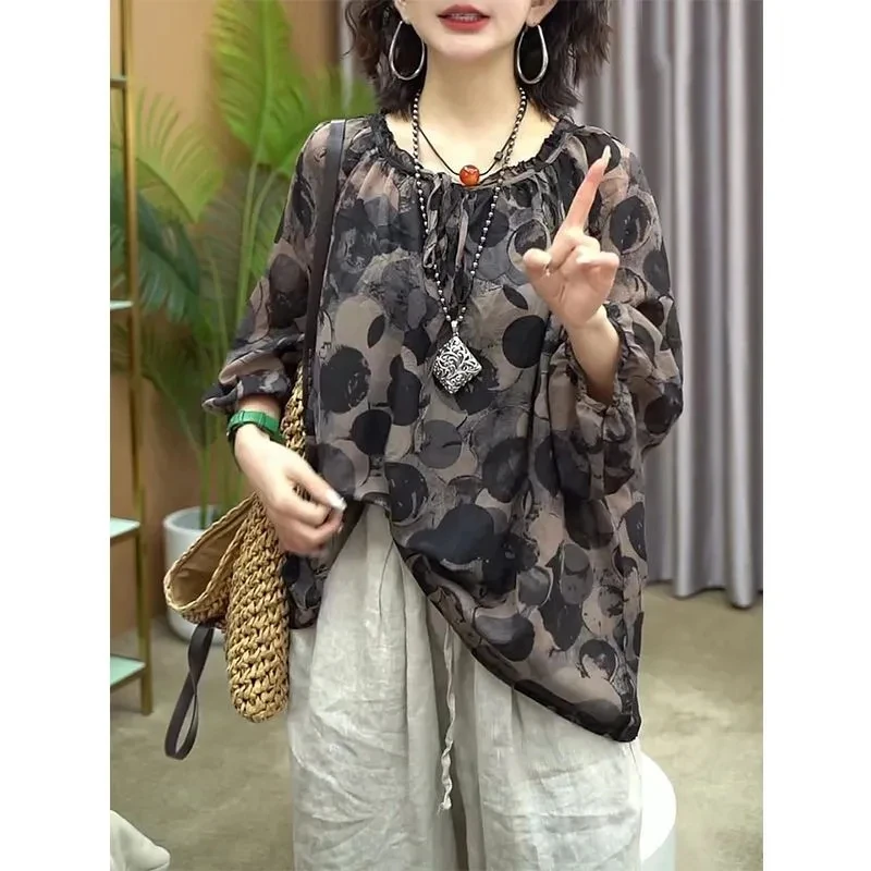 2024 Spring/summer Mother New Ethnic Style Cotton Linen Set Retro Printed Top Versatile Harun Pants Stylish T-shirt Small Shirt