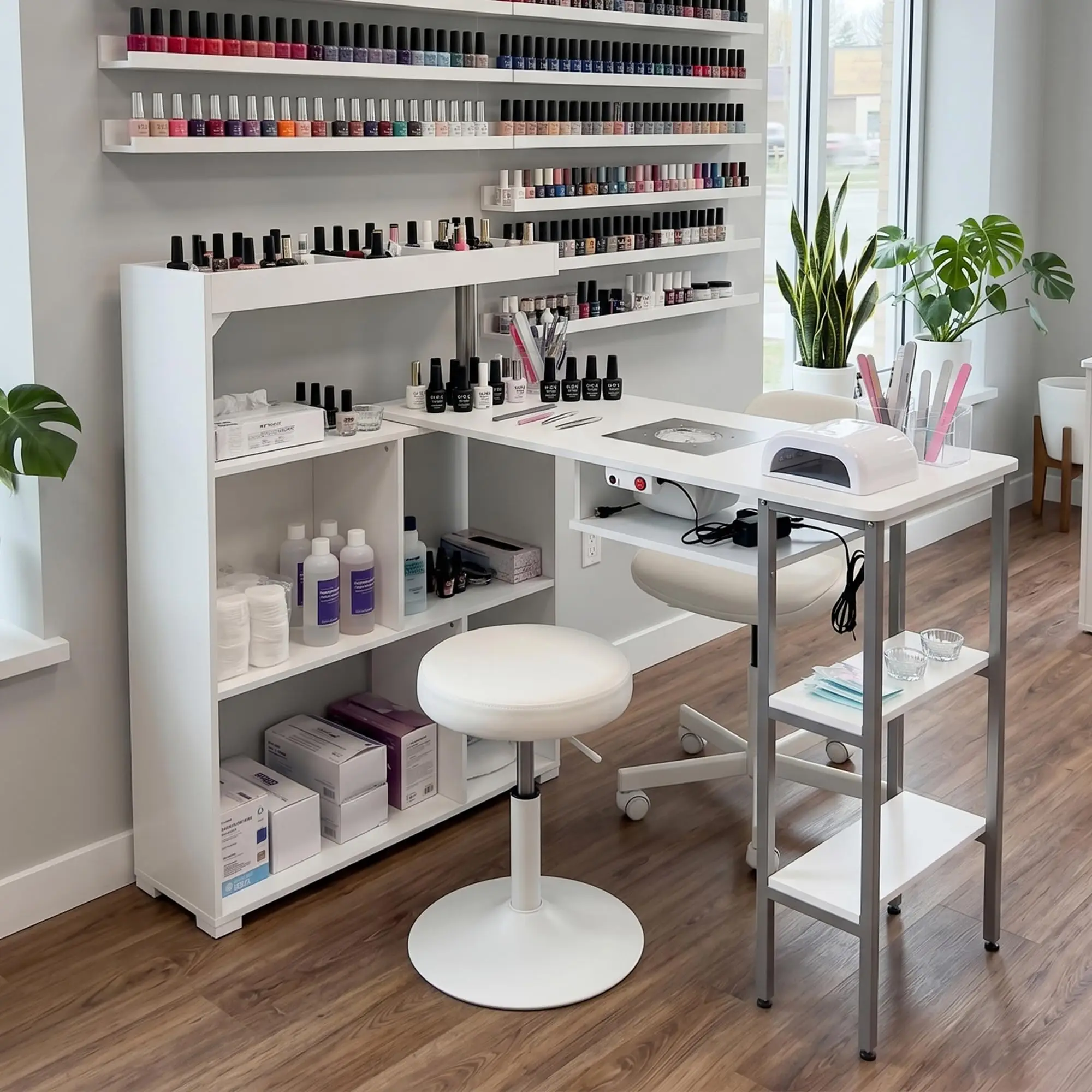 L Shaped Manicure Table with Dust Collector and Rotatable Shelf, Shape Adjustable Corner Nail Tech Desk with 10 Open
