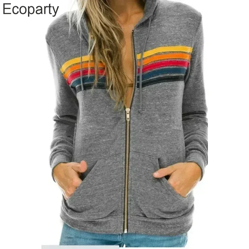 Autumn Unisex Women's Aviator Nation Long Sleeve Hooded Sweatshirts Men Casual Zipper 5 Stripe Rainbow Hoodies Jacket Coat