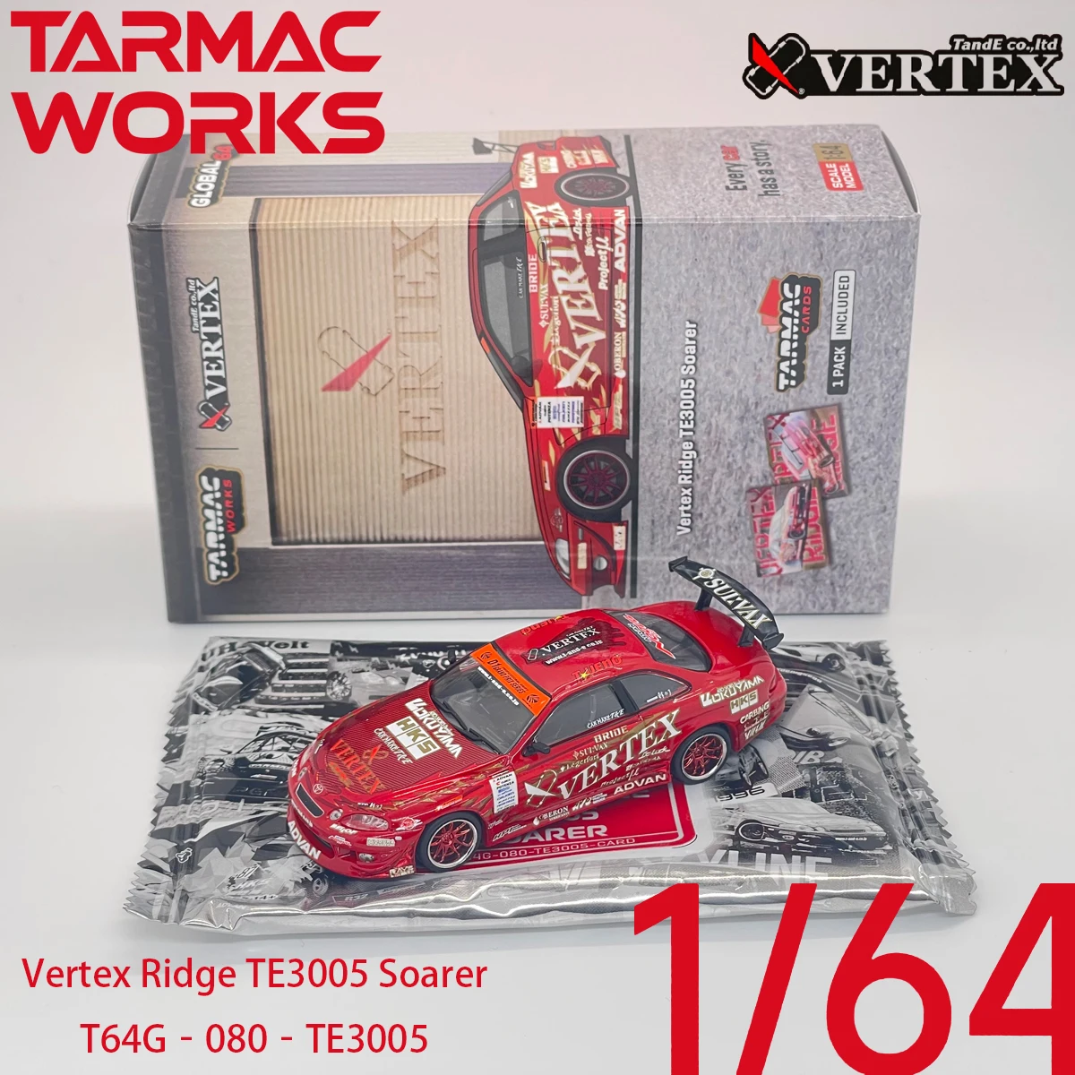 In Stock Tarmac Works 1:64 Vertex Ridge TE3005 Toyota Soarer Diecast Car Model T64G-080-TE3005 with Collectible Trading Cards