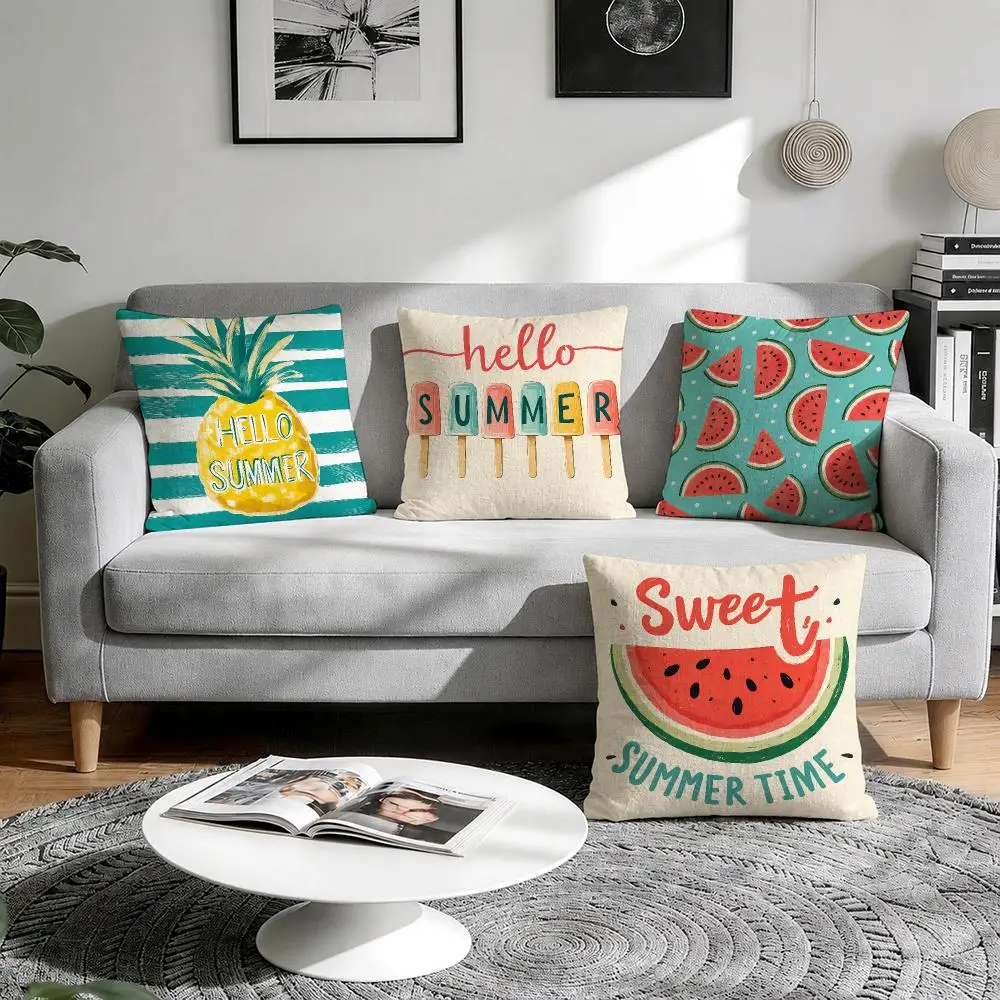 Summer Hand Drawn Style Cushion Cover Natural Breathable Durable Linen Printed Decor Pillow Case Sofa Bedroom