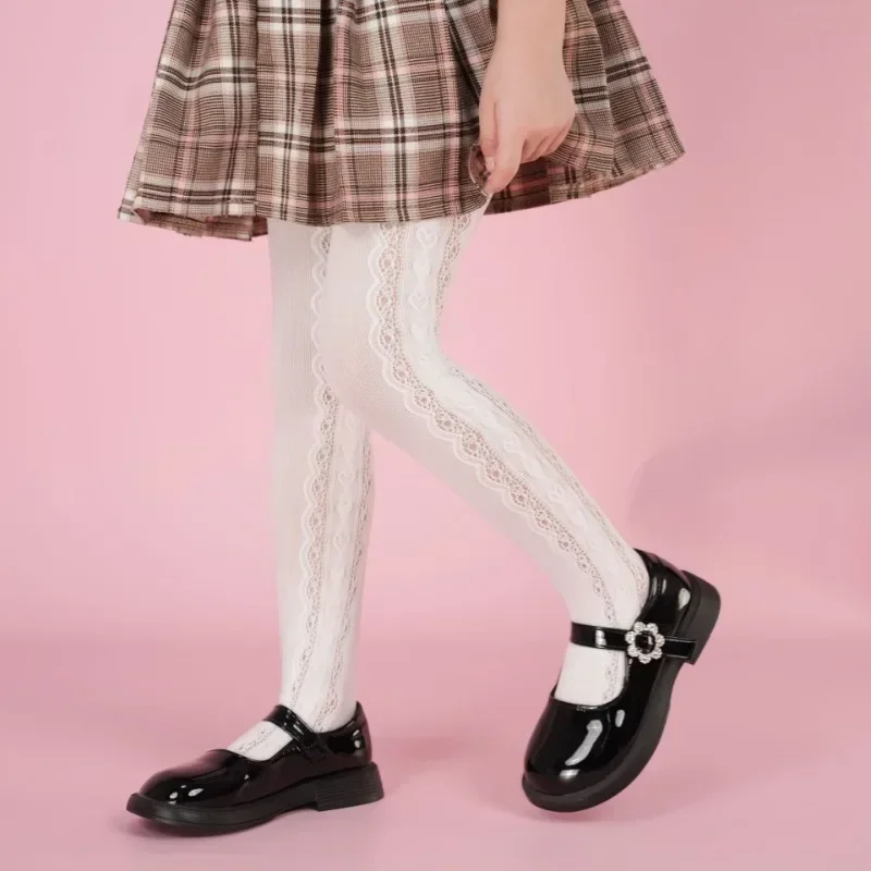 Girls Lolita Princess Ballet Tights White Lace Fishnet Stockings for Baby Kids Cute Heart-shaped Dance Party Cosplay Outfit Gift