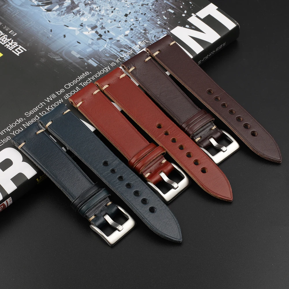 

Handmade Genuine Leather Watch Strap 20mm 22mm Oil Wax Leather Watch Band Belt Quick Release Stainless Steel Buckle Wristband