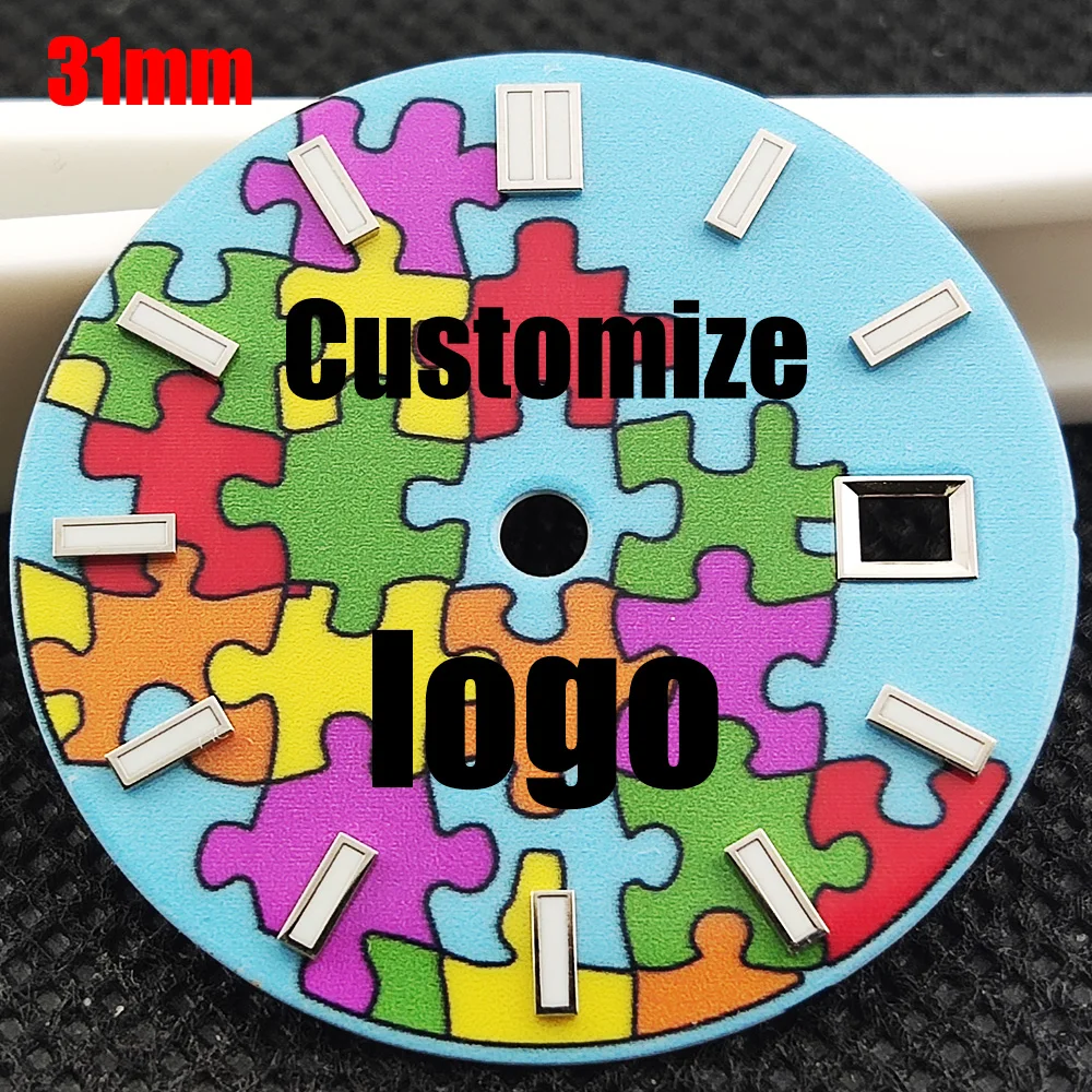 31mm watch dial NH34/NH35 dial Puzzle Block Style watch dial blue Luminous watch dial fit NH34 NH35 Movement Customize logo