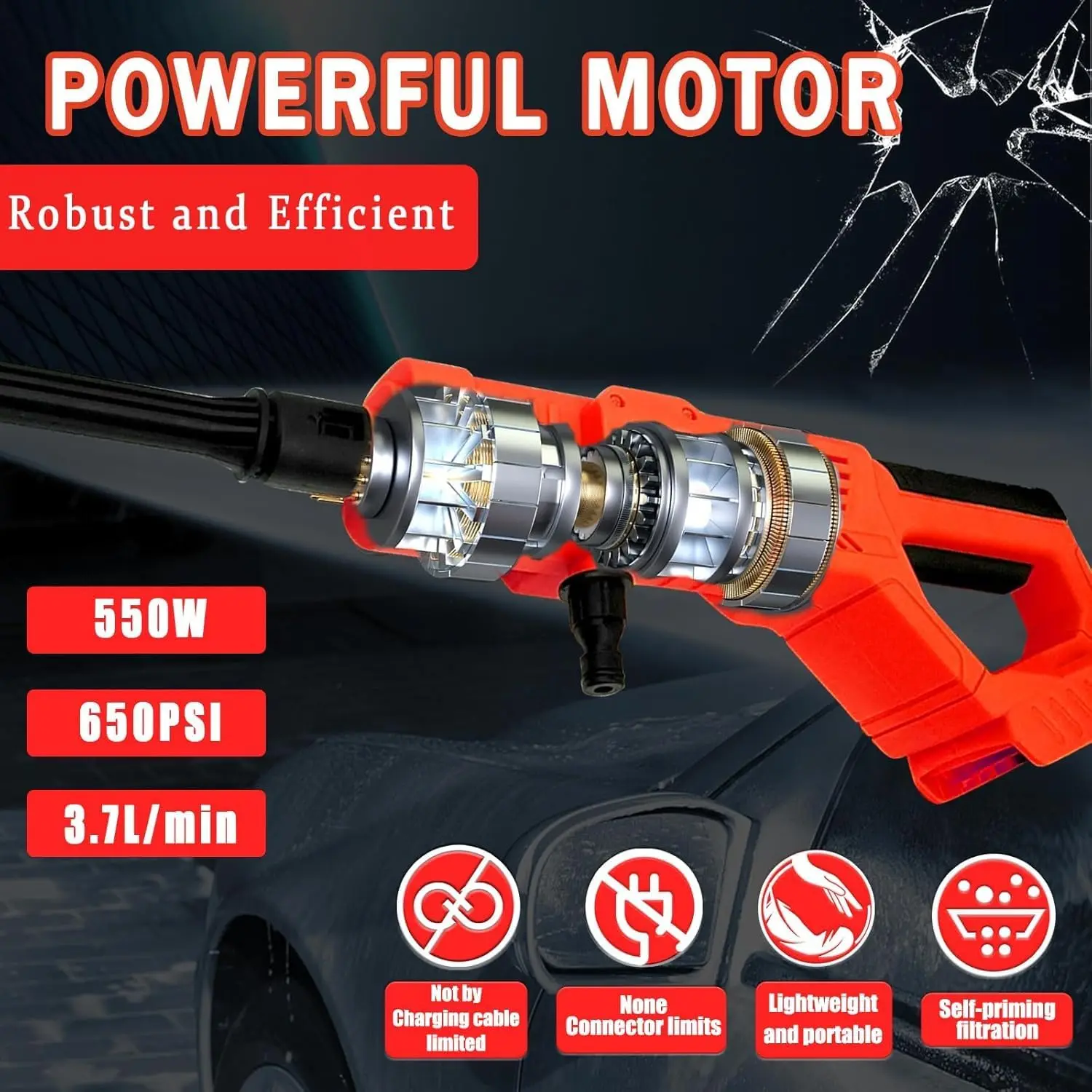 18V Auto-Hochleistungsreiniger 1000PSI Tragbarer Druckreiniger mit 6-in-1-Düse, nur Werkzeug