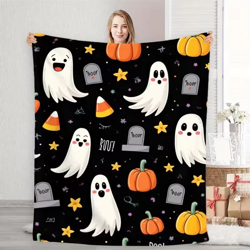 Cute Cartoon Ghost Pumpkin Tombstone Print Flannel Throw Blanket Soft Warm Blanket For Bedroom Sofa Indoor Home Holiday Decor