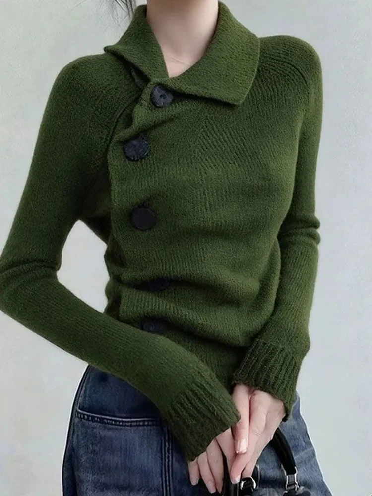 

Green Slim Fit Knit Cardigan Women Long Sleeve Button Vintage Crop Bottoming Sweater Autumn Winter Retro Casual Elegant New Tops