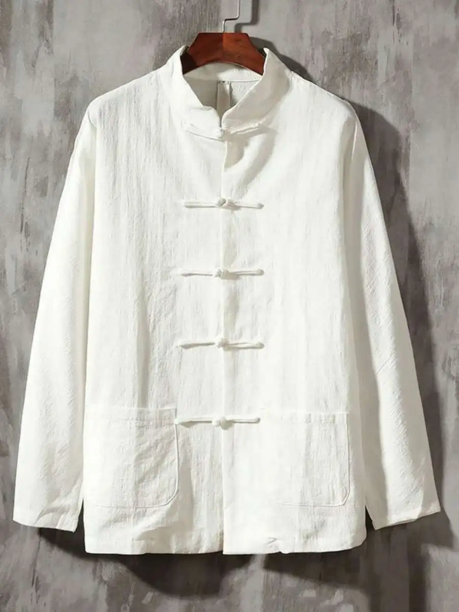 

Мужская рубашка из хлопка и льна с воротником-стойкой, на пуговицах, с длинным рукавом, винтажная, для весны и осени, в китайском стиле, для путешествий