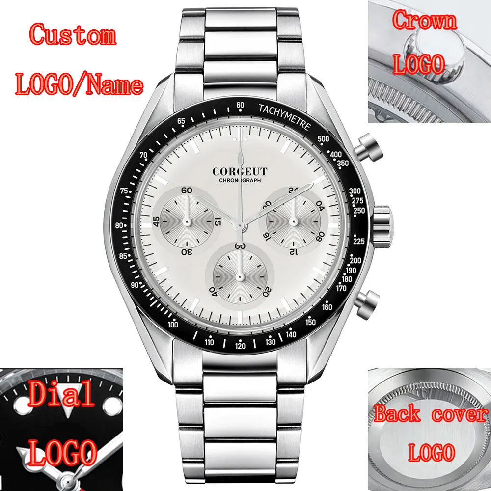 Logotipo personalizado corgeut 40mm vk63 quartzo cronógrafo relógio masculino à prova dwaterproof água часы муж ngaе couro esporte relogio homem relógios