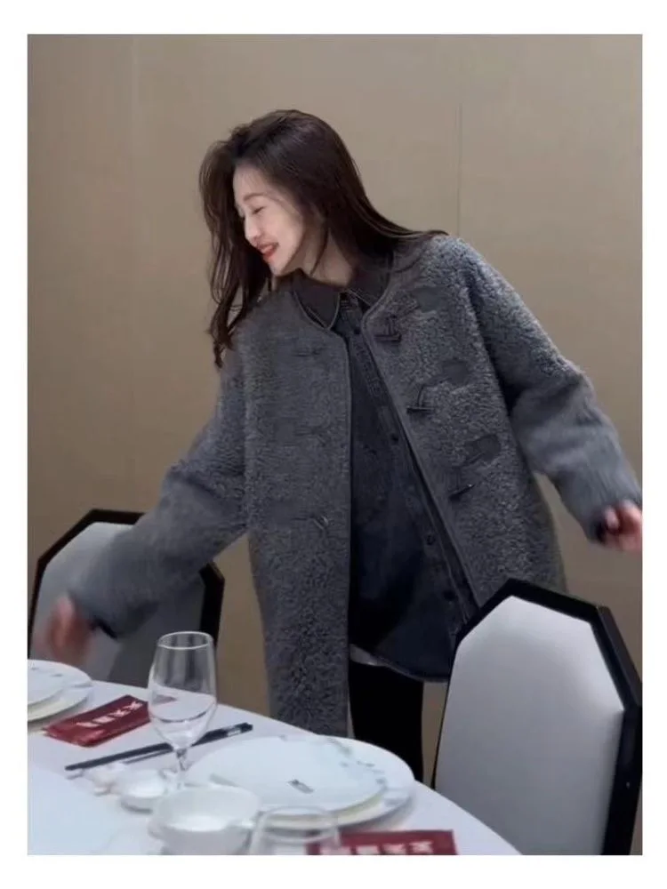 2025 New Korean Style plus Size Grey Fleece Thickened Sheepskin Coat Women's Autumn Winter Medium Length Button up Outerwear