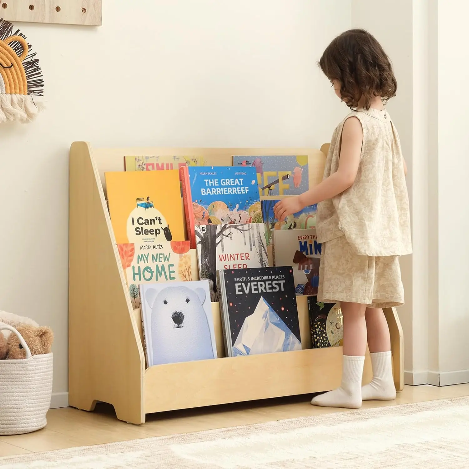 4-Tier Kids Wooden Front Facing Bookshelf Display Storage Rack for Bedroom Playroom, Customized