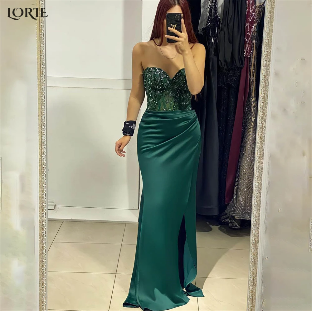 

LORIE Deep Green Mermaid Evening Dresses Beaded Off Shoulder Shiny Satin Pleated Prom Dress Arabia Dubai Celebrity Party Gowns