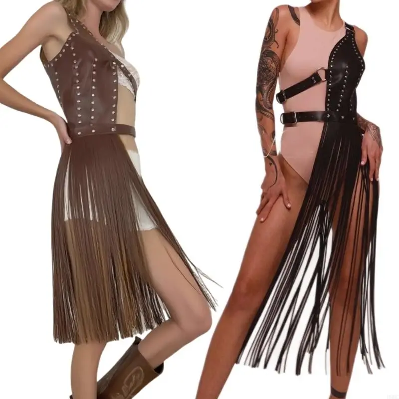 

39BC Long Fringed Suspender Belt Decorative PU Waist Cincher Corset For Club Wear