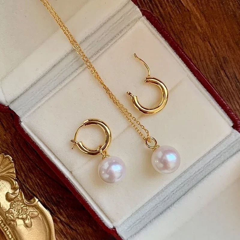 100% Natural Freshwater Edison Round Aurora Bright White Pearl Earrings S925 Sterling Silver Gold French Vintage Style Gifts