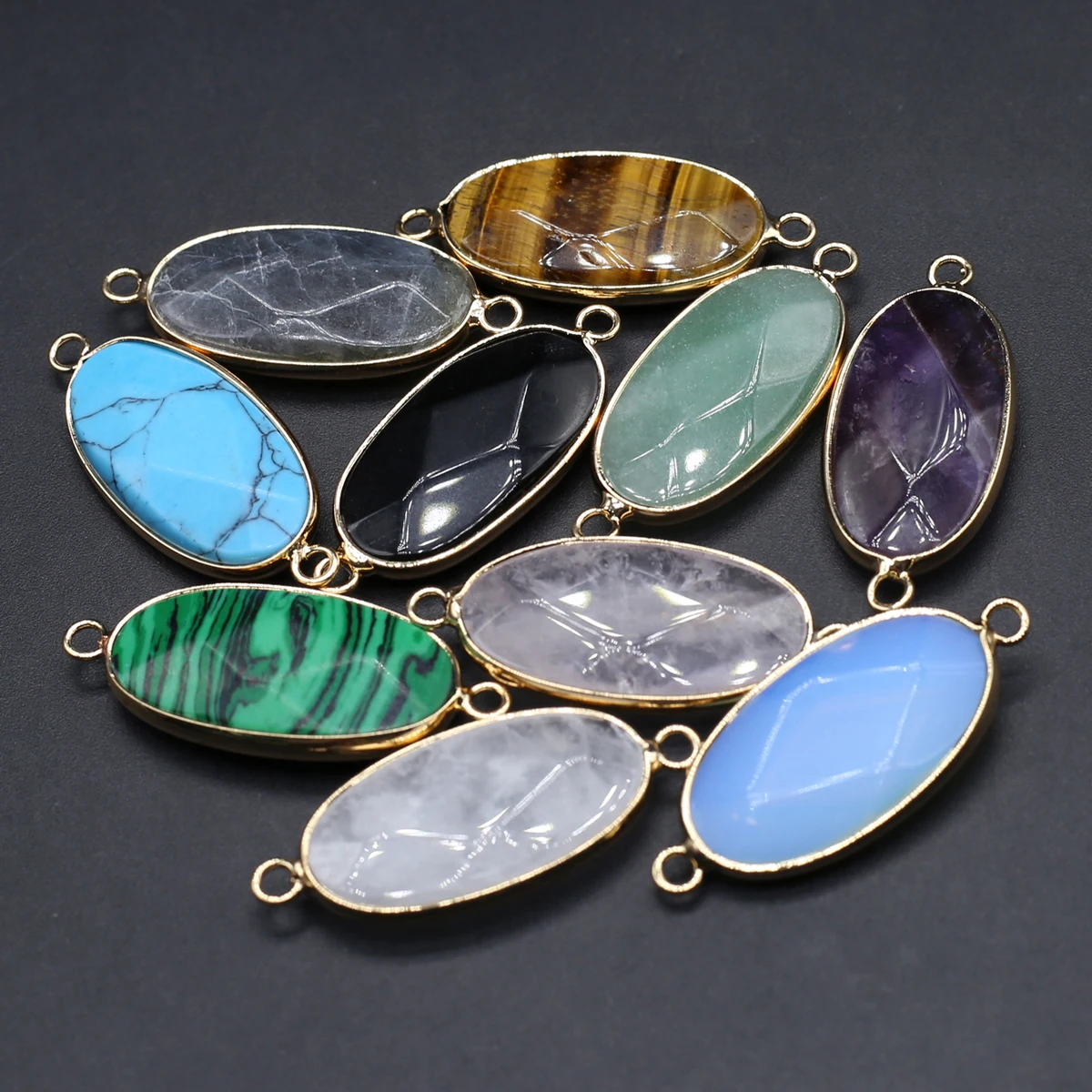 10PCS Wholesale Natural Stone Random Color Oval Connector Pendant 38x16mm Jewelry Making DIY Necklace Earrings Accessories Gift