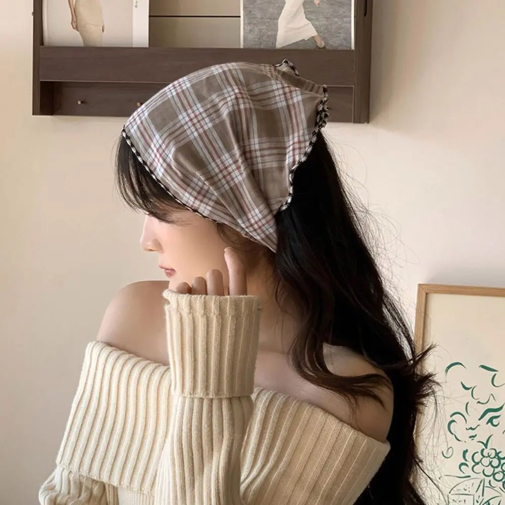 

Sweet Cotton Lattice Headscarf Thin Turban Pastoral Style Headscarf Vintage Colorful Triangular Hair Band Clothing Accessories