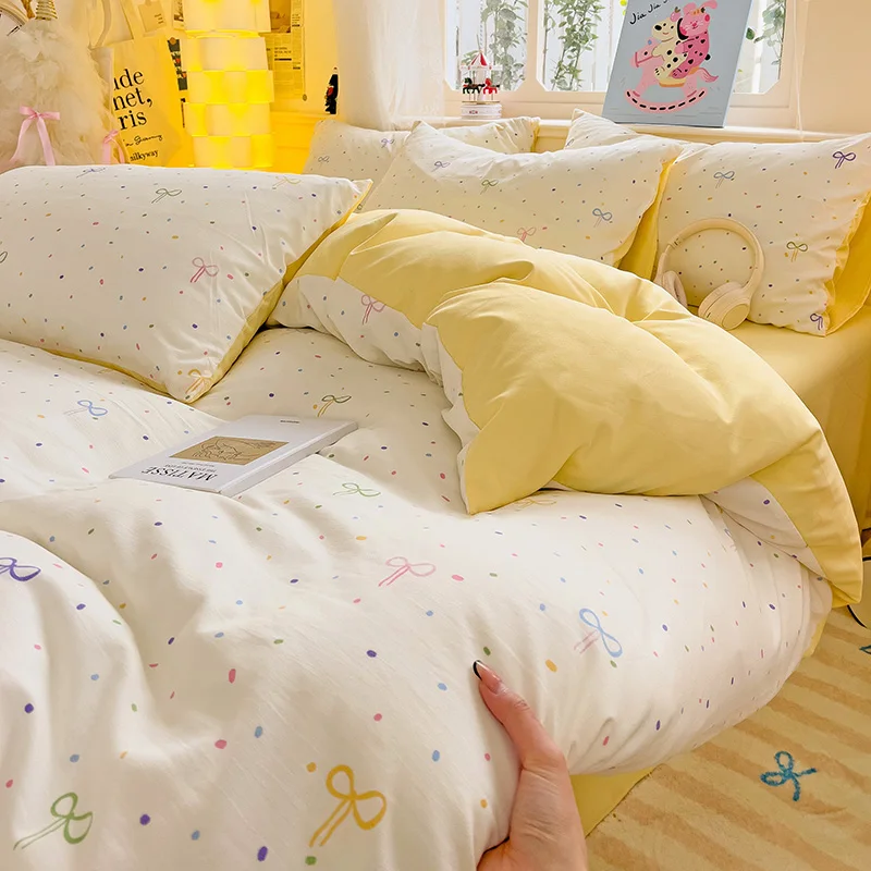 Ins Style Bedding Set Bowknot Duvet Cover Kit Single Full Queen Size No Filling Flat Sheet Pillowcases Cute Bed Linen