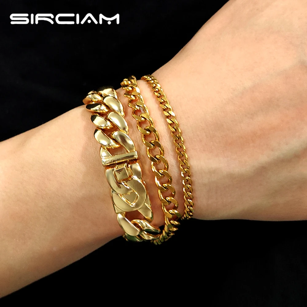 Golden Classic Cuban Chain Bracelet For Men Women Hip Hop Chunky Cuban Link Chain Bracelets Bangle Jewelry 13/6/3MM Wholesale