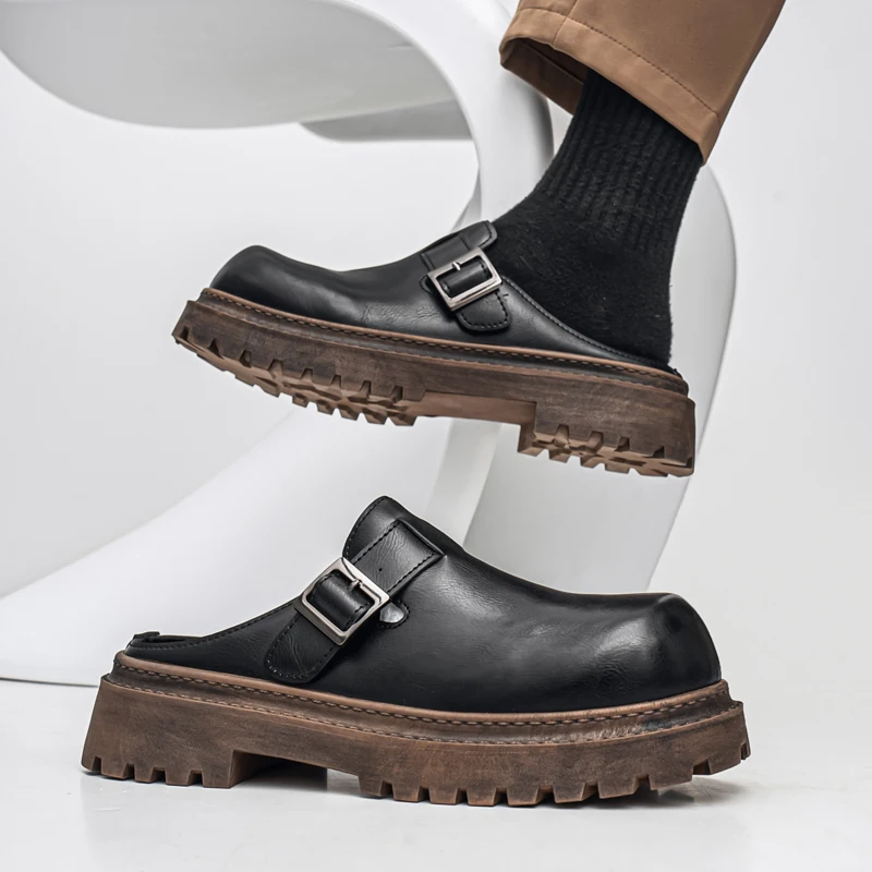 Summer One-Step Half Drag Leather Shoes, British Style Retro Backless Loafers, Wide Head Derby Casual Shoes