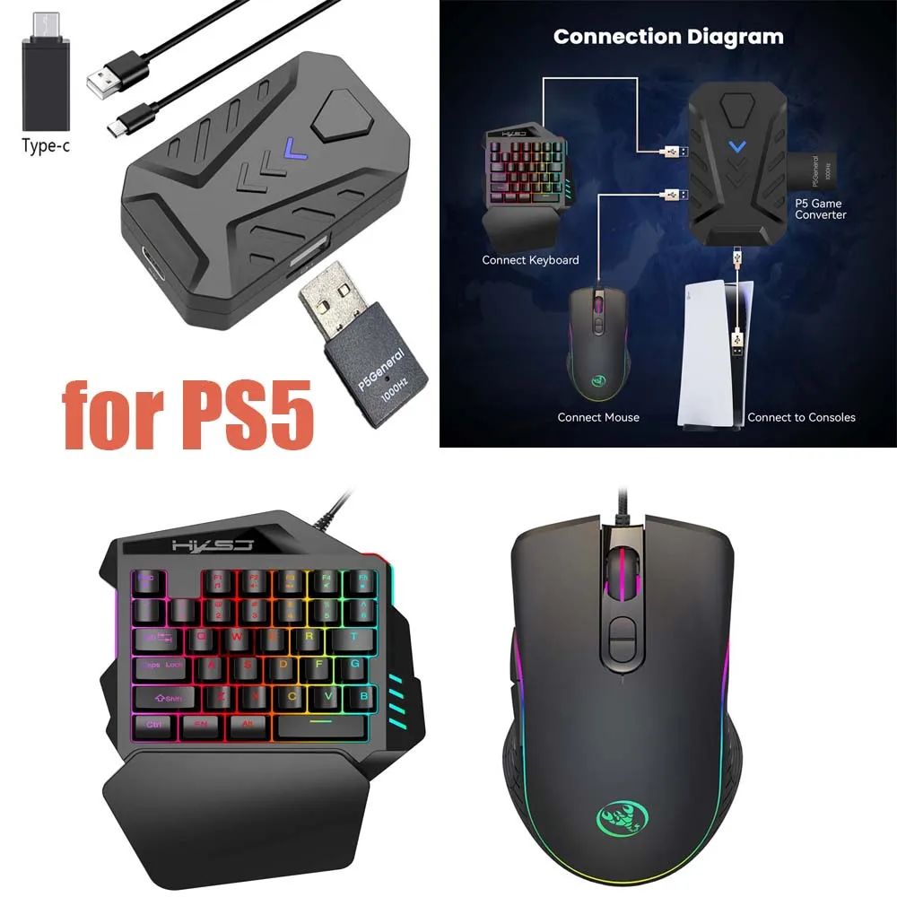 for PS5 Gaming Keyboard Mouse Combo USB Type C Converter Computer Connector for PS5 Game Console Controller Extend Adapter