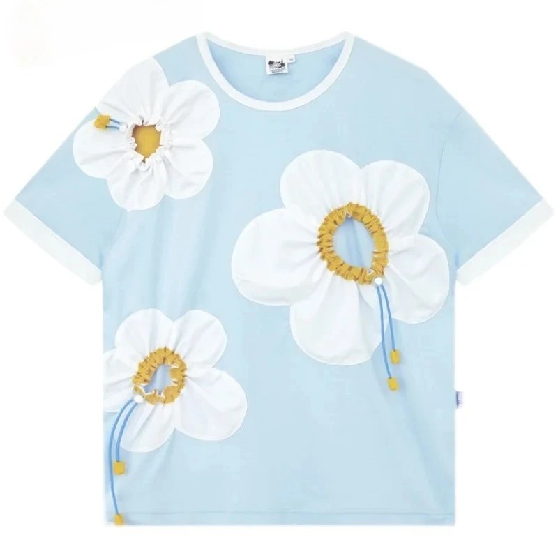 Men's 2025 Summer New Tees Flower Three-dimensional Drawstring Pleated Decorative Tops Trendy Short-sleeve Loose Comfort T-shirt