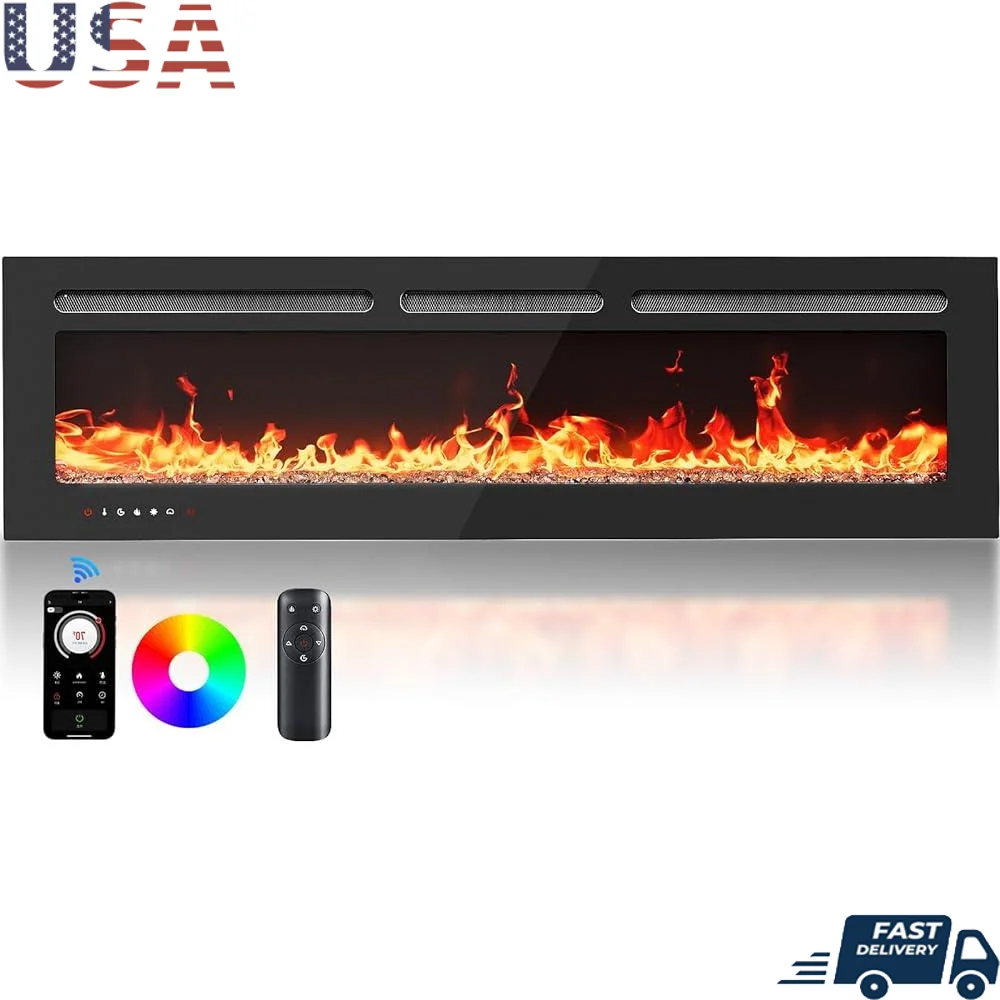 

Умный электрический каминный обогреватель Silonn 60 дюймов с приложением и дистанционным управлением, выход нагрева 5300 БТЕ, ультратонкий настенный или встраиваемый