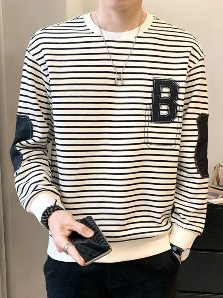 Stripe Tops for Men Luxury 2024 Male T Shirts One Piece Clothes Regular Fit Cotton Tee Korean Pullover Autumn F A Xl Sweatshirts