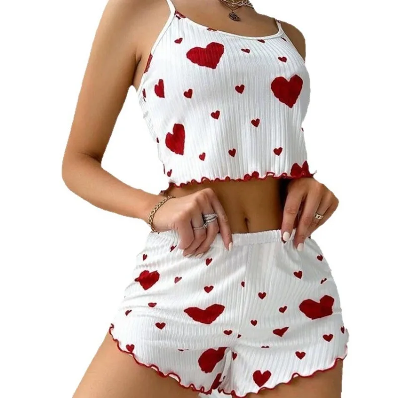 Conjunto de Pijamas Listrados de Malha para Mulheres, Estilo Camisola com Estampa de Coração e Shorts