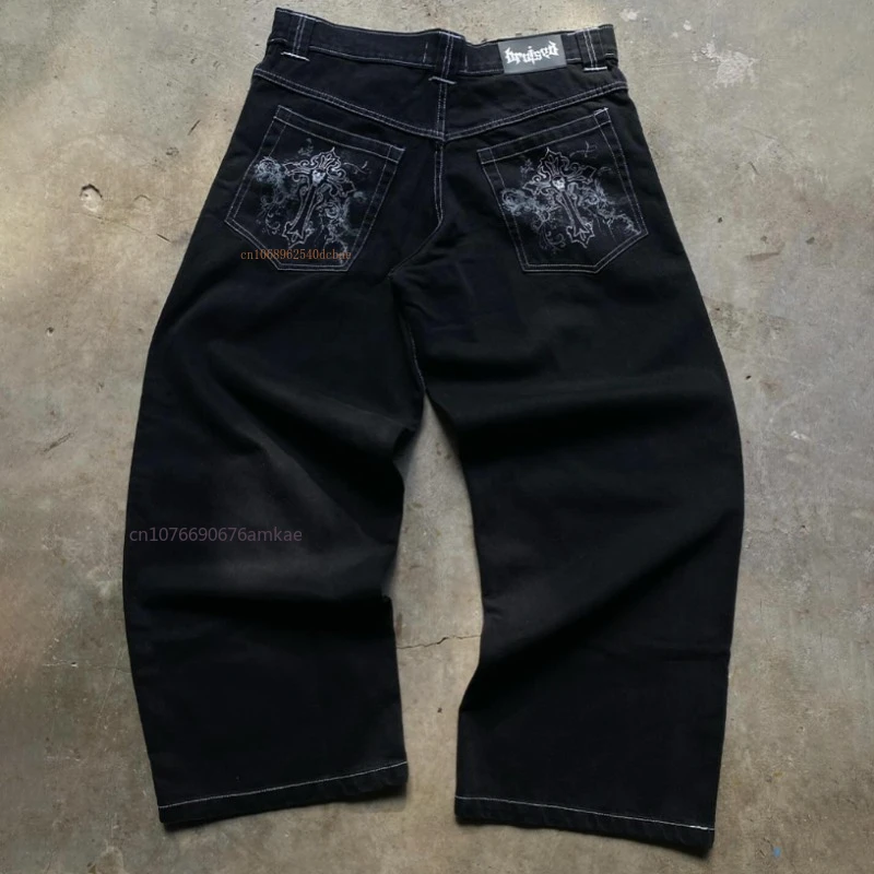 Ins New Dark Personality Pattern Printing Straight Pants Black Cotton Jeans Men Women Fall Winter Loose High Street Couple Jeans