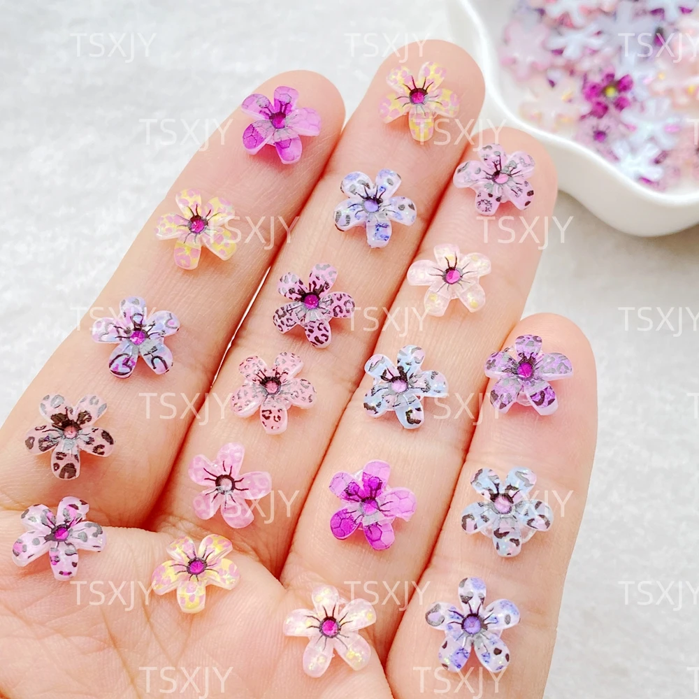 Mini fleurs imprimées léopard colorées en résine mixte, 60 pièces, Nail Art, dos plat, pierre appliquée, breloques à assembler soi-même, artisanat de décoration pour Scrapbook