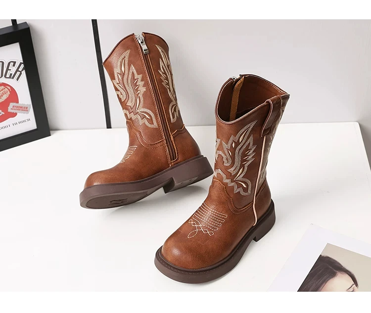 Western-Cowboy-Stiefel für Mädchen, kniehoch, Vintage-Look, aus strapaziertem PU-Leder mit Stickereimuster, modische Stiefel mit niedrigem Absatz für Herbstmode. – Detail 6