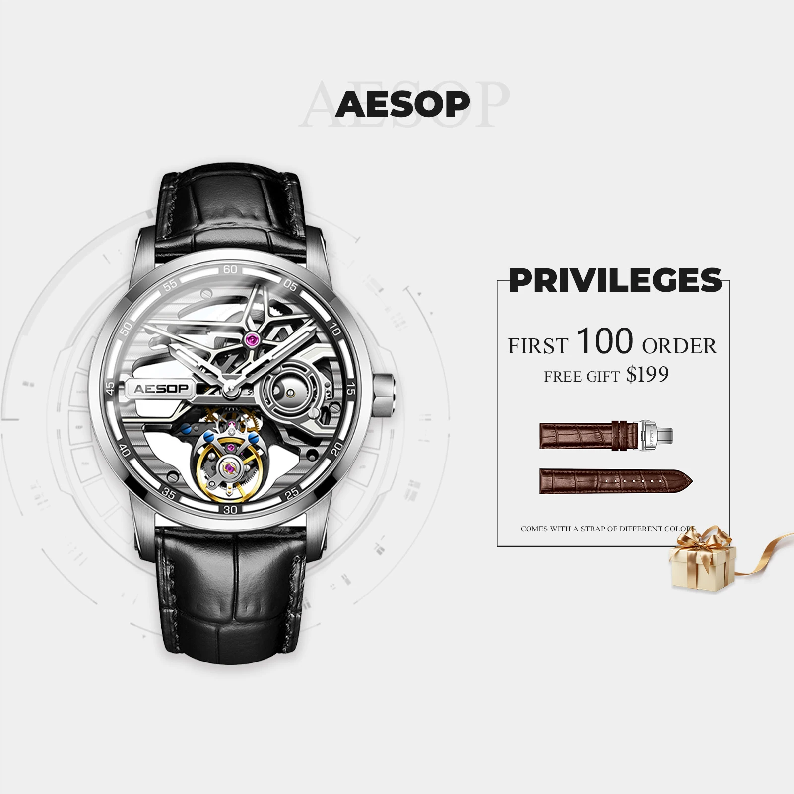 

AESOP Hollow Men's Tourbillon Watch Luxury Sapphire Stainless Steel Waterproof Mechanical Watches Gift