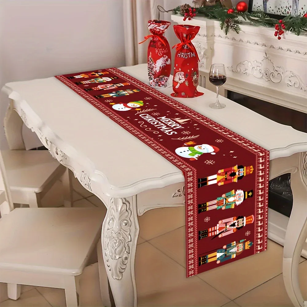 1Pc Christmas Nutcracker Soldier And Snowman Table Runner Red Festive Holiday Pattern Table Cover For Dining Room Kitchen Party
