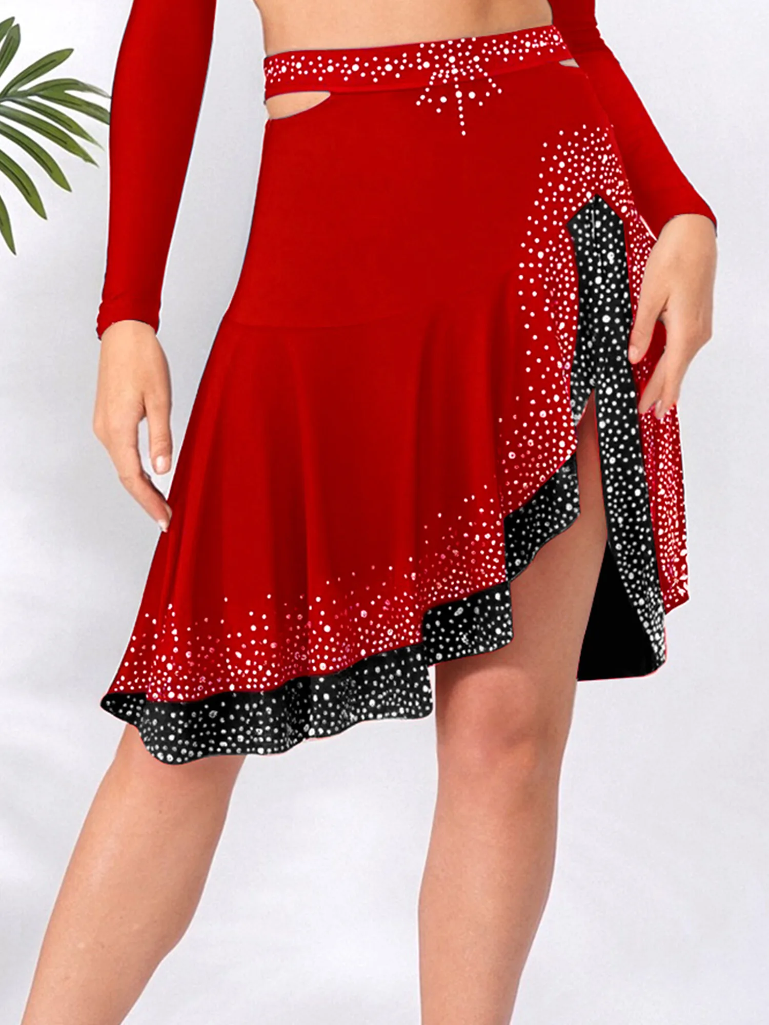 กระโปรงเต้นรำแจ๊สละตินสตรีไรน์สโตนสีตัดกันด้านข้างตัดกระโปรงระบายสำหรับการแสดงบนเวทีการแข่งขันเต้นรำ