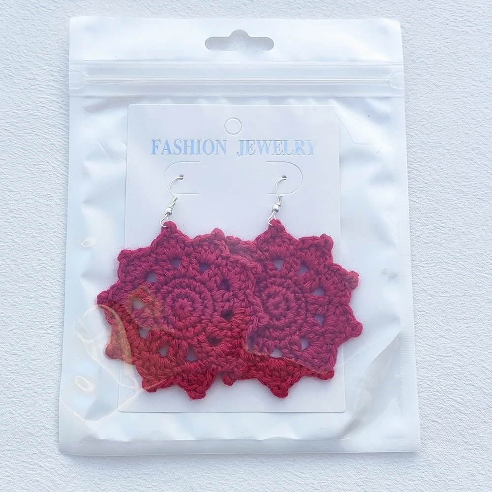 Crochet Chinese Style Red Round Flower Earrings For Women National Style Jewelry Gift 2024 ﻿Handmade 100%