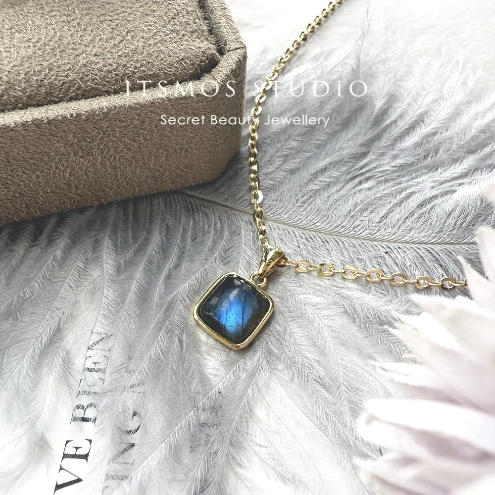 ITSMOS Natural Labradorite Square Pendant Necklace Simple Cube Stone 14k Gold Plated Chain Elegant Jewelry for Women Romatic