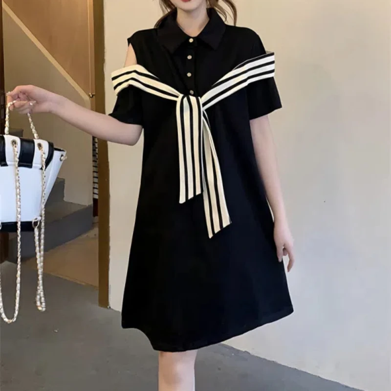 Off Shoulder Striped Polo Neck Mini Dress Summer Short Sleeve Loose Patchwork Solid T Shirt Dress Casual Fashion Women Clothing