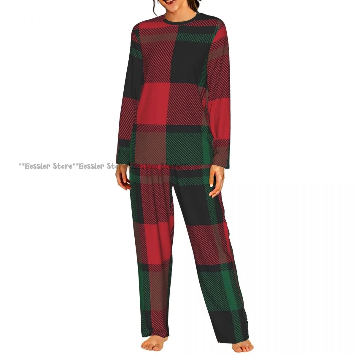 Conjunto de Pijama para Mujer con Cuello Redondo, Estampado Tartan Navideño a Cuadros, Camisa de Manga Larga + Pantalones Largos