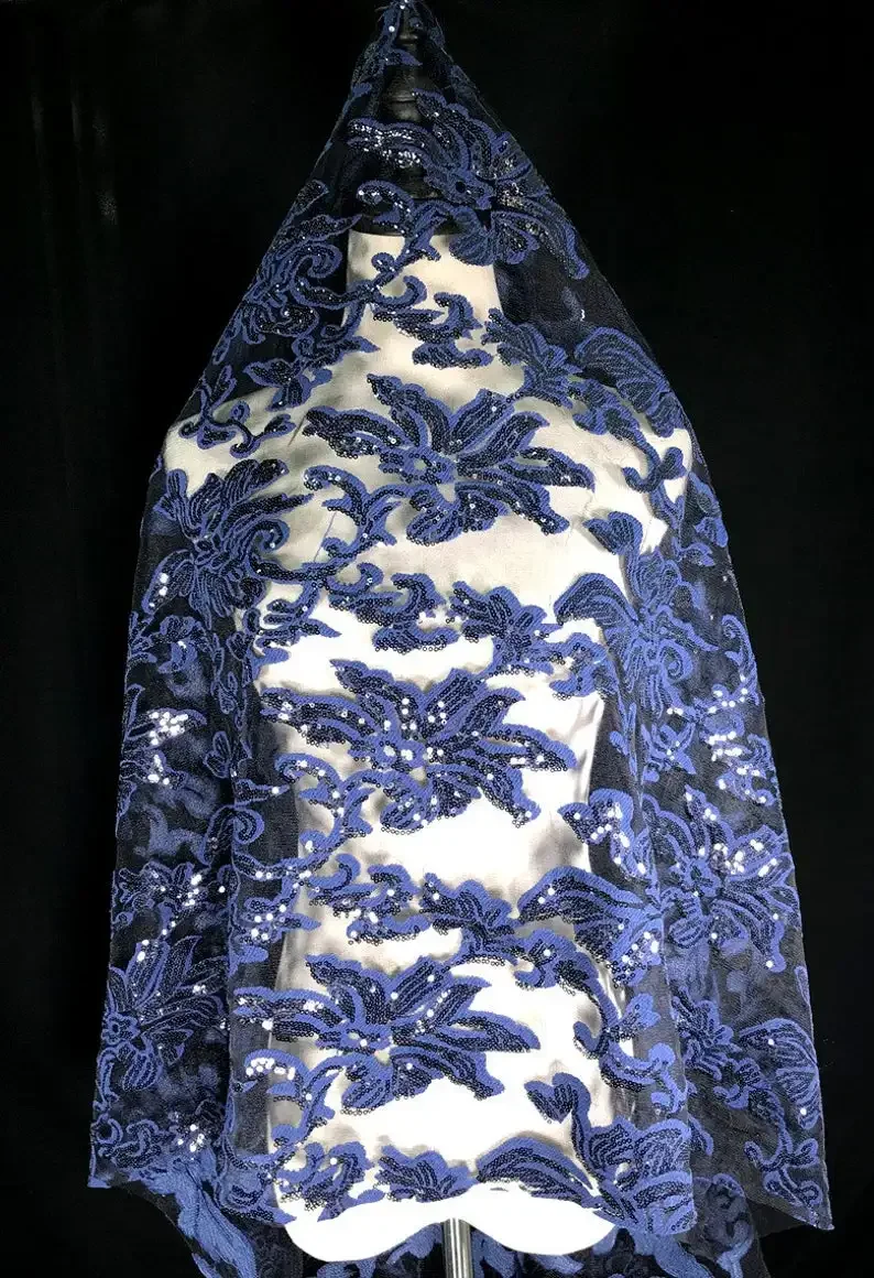 

Темно-синяя кружевная ткань с цветочной вышивкой и блестками для платья для девочек, выпускного платья, платья невесты, вечернего платья, платья от кутюр