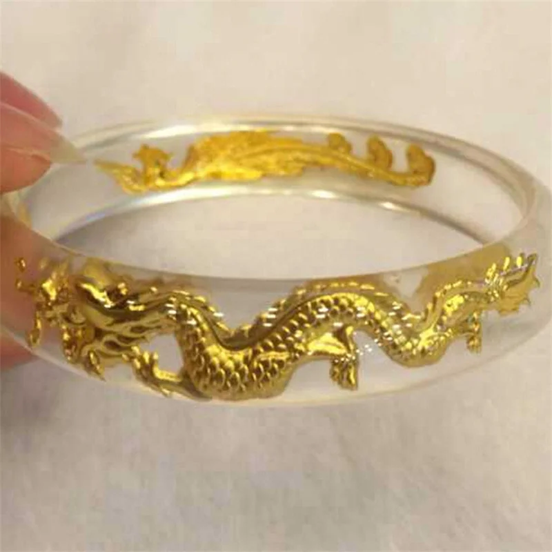 Hot Selling / Hand-carved Crystal Inlaid Gold Dragon and Phoenix Bangle60-62mm Fashion Jewelry Bracelet MenWomen LuckGifts