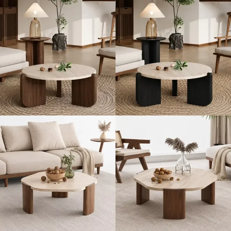 Round Wabi Sabi Coffee Table Stone Solid Wood Minimalist Living Room Balcony Small Apartment Home Furniture Decor