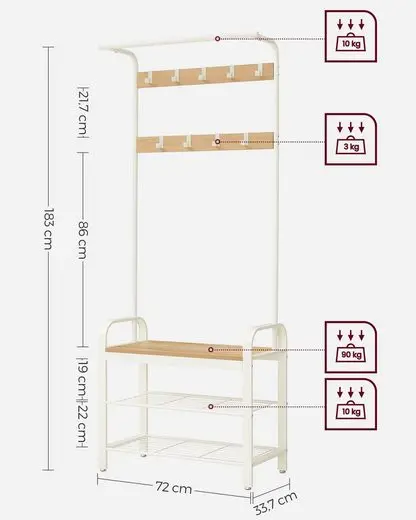 VASAGLE Garderobenständer Garderobe, mit Sitzfläche, 2 Gitterablagen