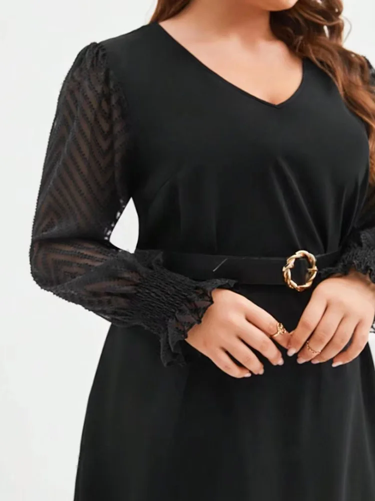 GIBSIE Plus Size V-neck Contrast Lace Backless Loose Dress Women Spring Fall Black Long Sleeve Elegant Mini Dresses Without Belt