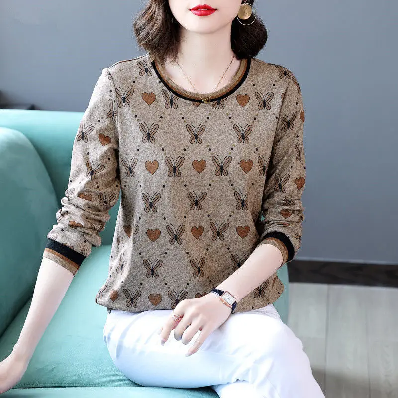 Spring Autumn Women\'s Clothing Pullover Round Neck Lantern Long Sleeve T-shirt Geometric Printing Contrast Color Casual Tops