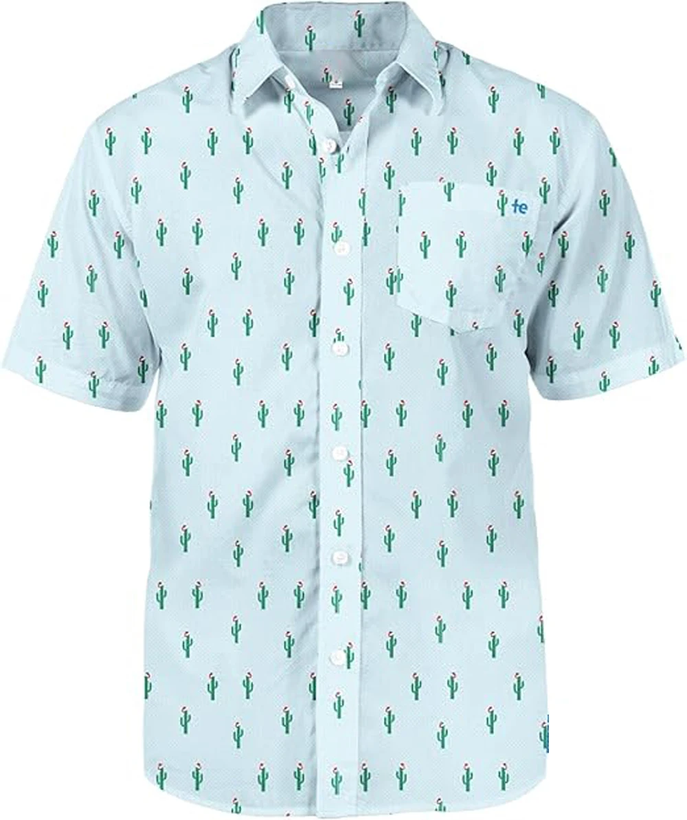 

Fun Guy Christmas Shirt - Soft Long-Sleeved/Short-Sleeved Button-Down Shirt with Reindeer Print Hawaiian Shirt Holiday Parties