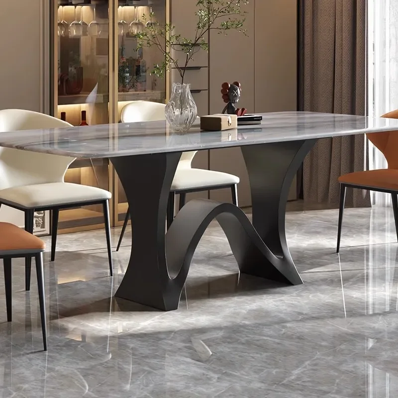 for High-end Marble Dining Table and Chair Set Light Luxury Rectangular Natural Color Spar Stone Microcrystalline Stone