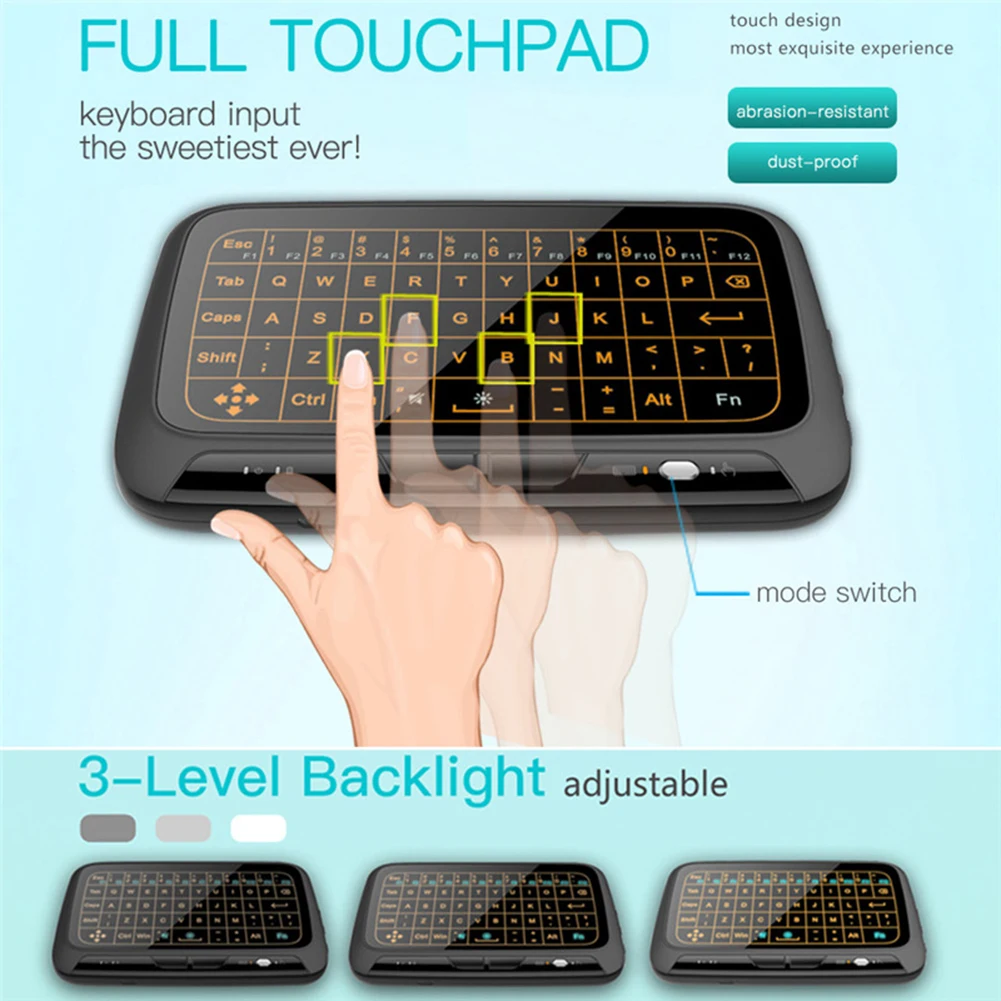 H18 Mini Full Touch Screen 2.4GHz Air Mouse Touchpad Retroilluminazione Tastiera wireless Plug And Play Tastiera QWERTY intelligente per IPTV