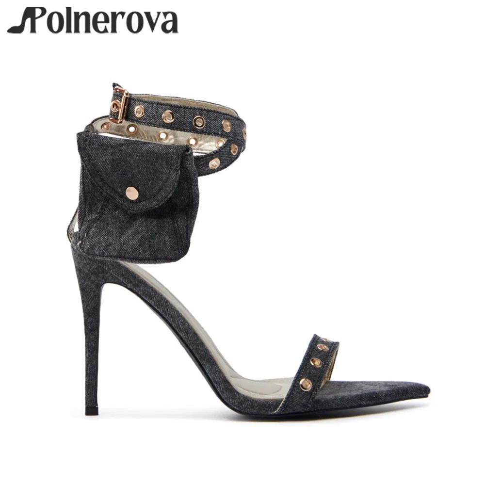 

Black Denim Stiletto Sandals Detachable Coin Purse Cute Summer Shoes Sexy Style Pointed Toe Slim Sky-High Stiletto Women Sandals